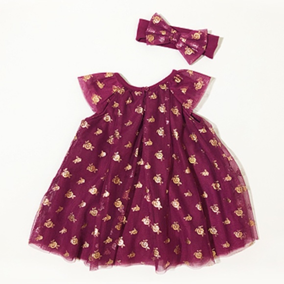 Baby Starters Burgundy & Rose Gold Foil Star Angel-Sleeve Dress & Headband - Picture 3 of 5